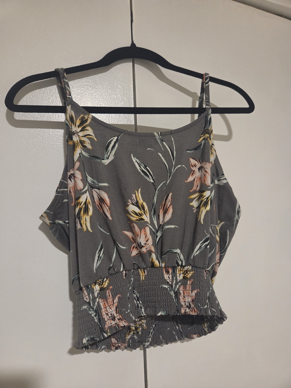 love, Fire Gray Floral Smocked Crop Top with Pink & Yellow Flowers